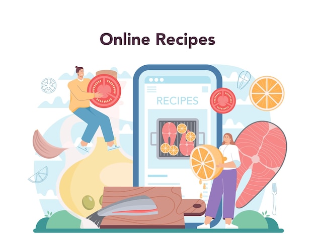 Salmon steak online service or platform. Chef cooking grilled fish steak on the plate with lemon. Fish fillet for dinner. Online recipes. Flat vector illustration