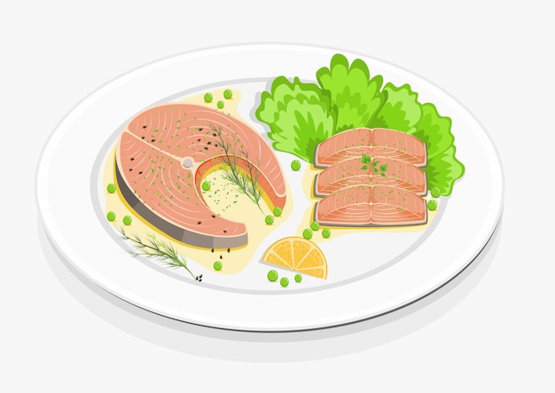 Vector salmon steak  and vegetables on a white plate