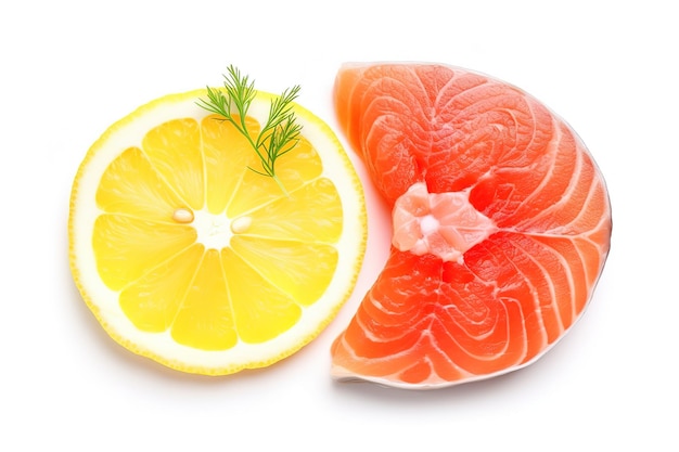 Salmon Steak with lemon slices isolated on white background