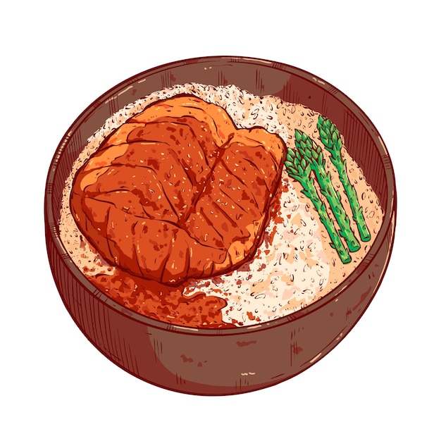 Salmon teriyaki with rice and asparagus illustration. Asian food hand drawing