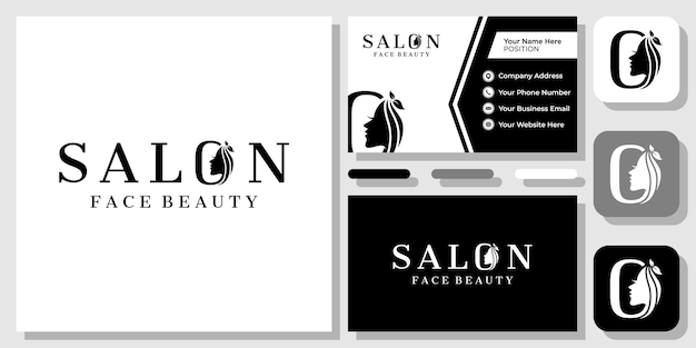 Vector salon wordmark beauty face female girl hair beautiful icon logo design with business card template