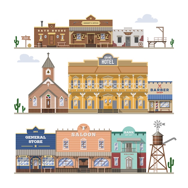 Saloon  wild west building and western cowboys house or bar in street illustration wildly set of country landscape with architecture hotel store  on white background