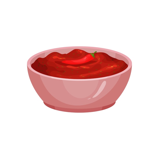 Salsa with redhot chili pepper in ceramic dip bowl Traditional piquant sauce of Mexican cuisine Thick spicy liquid served with food Colorful flat vector design