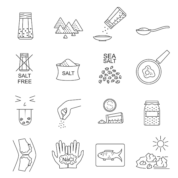 Salt Signs Black Thin Line Icon Set Include of Spoon Sprinkle Hand Saltcellar and Fish Vector illustration of Icons