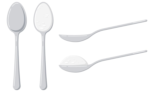 Salt in spoon vector illustration. Flat design cartoon style spoon with sugar, salt, flour or other cooking ingredient. Top and front view. Teaspoon side view powder for tea, coffee. Baking Ingredient