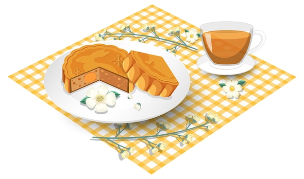 Salted egg yolk mooncake with teacup set on tablecloth