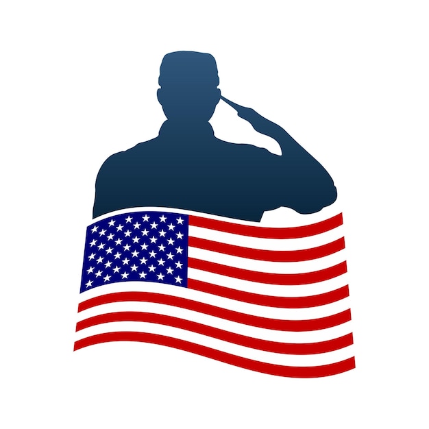 Saluting soldier silhouette with American flag