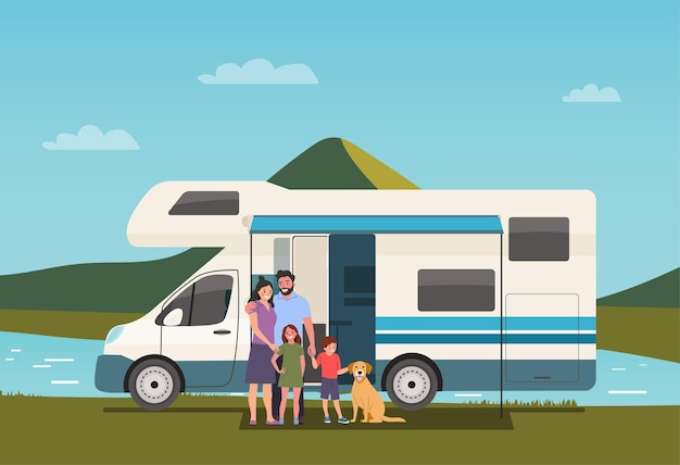 Vector sampervan and family with children against the backdrop of a mountain landscape vector illustration