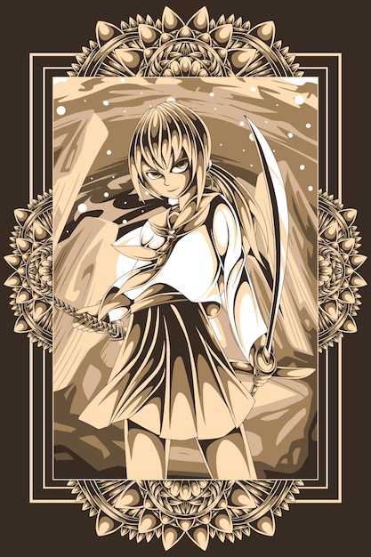 samurai anime girl with amazing golden ornament frame