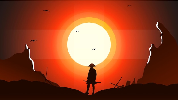 Vector samurai background japanese samurai background japanese cyberpunk samurai sunset background