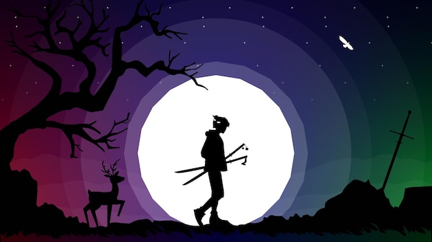 samurai boy anime wallpaper. silhouette of a person in the night. samurai boy with oni mask on head.