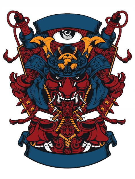 samurai head and two evil masks artwork design line art for apparel artwork or sticker