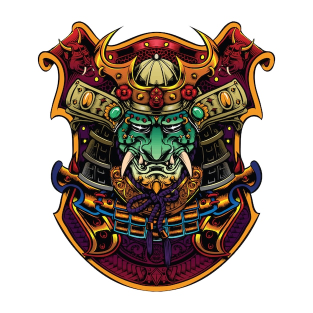 samurai head with helmet artwork for merch illustration