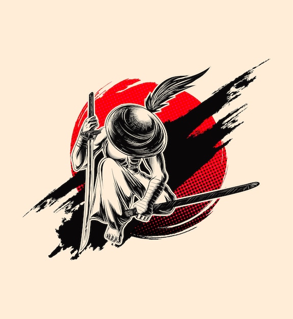 Samurai illustration, swordman with hat.