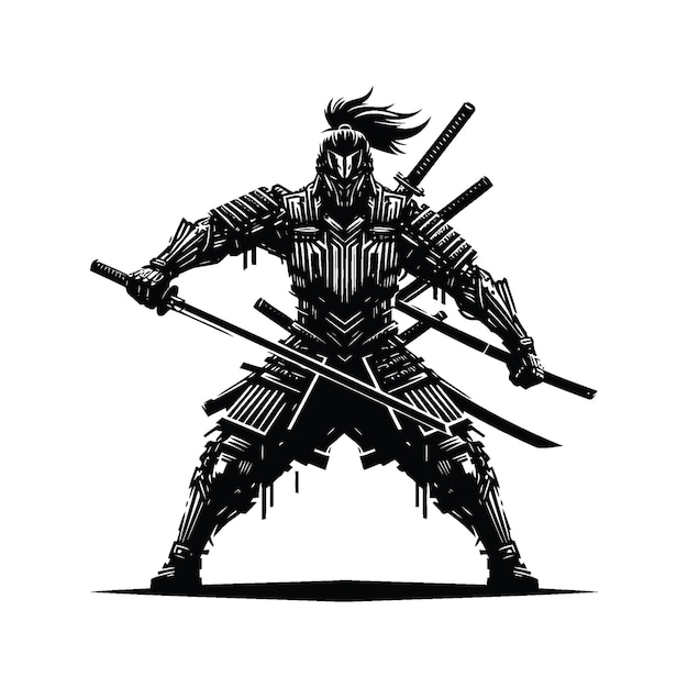 Vector samurai silhouete with cyberpunk pattern illustration