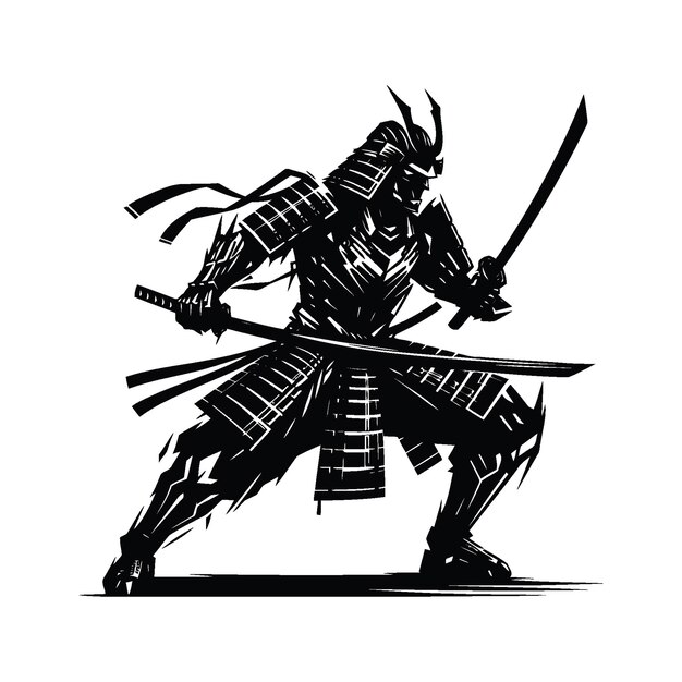 Vector samurai silhouete with cyberpunk pattern illustration