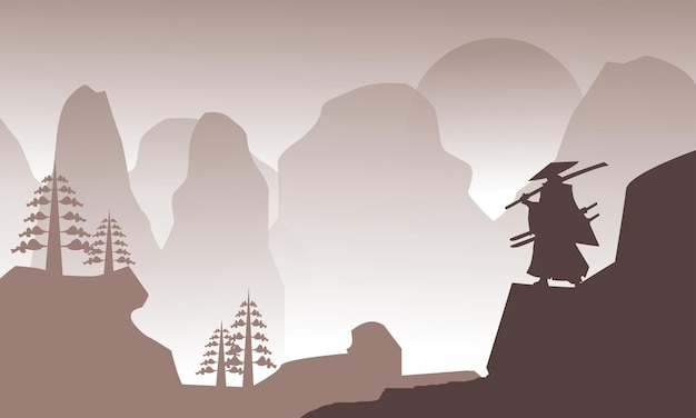 Samurai with two swords wallpaper. mountain background.