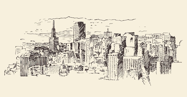 San Francisco, big city architecture, vintage engraved illustration