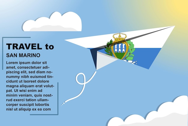 San Marino travel vector banner with paper flag and text space flag paper plane vacation concept