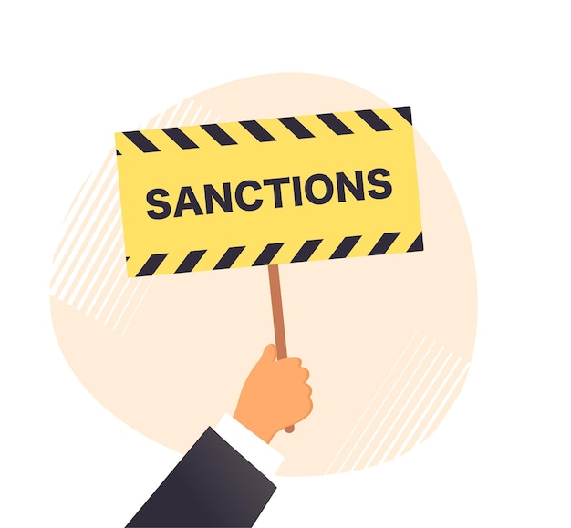 Sanctions concept Human hand in a suit with poster imposition sanctions or restrictions