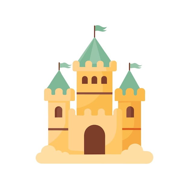 Sand castle with towers and fortress wall in flat style on a white background Fairytale castle icon