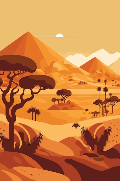 Sand desert landscape in sunset with cactus and mountains flat color vector