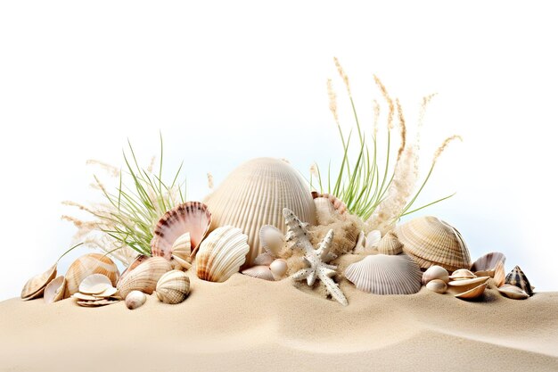 Vector a sand dune with shells and grass in the sand