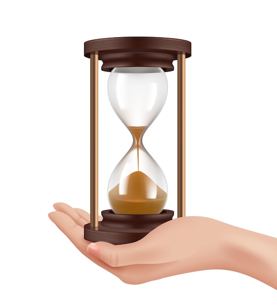 Sand watches in hand. Time management concept realistic hand and historical retro clocks  illustration.