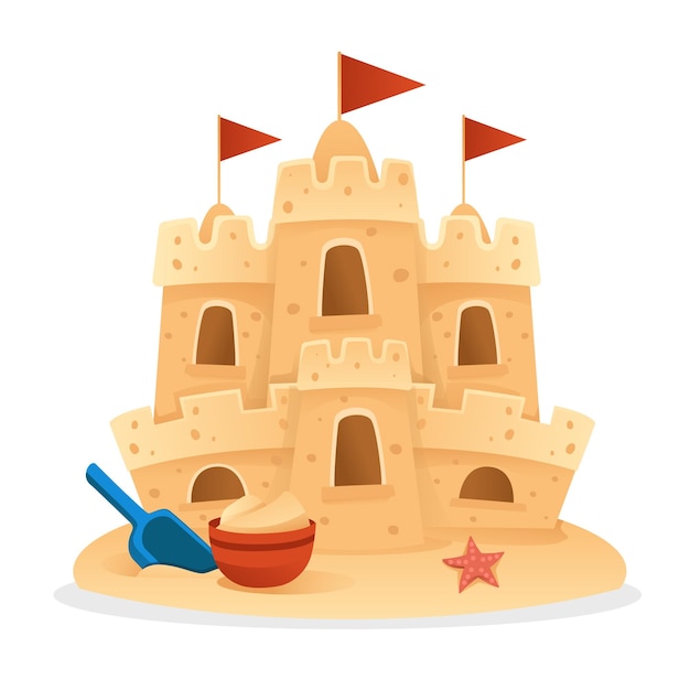 Sandcastle on the beach happy childhood hobby building vector illustration on white background