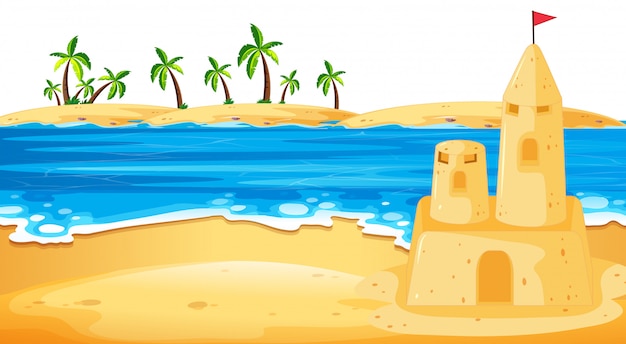 Sandcastle in beach scene illustration