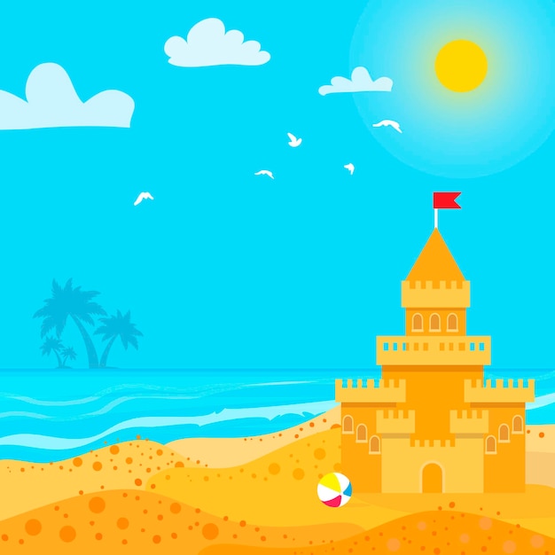 Sandcastle on Seashore Summer Vacation Beach toys Children summer games and activities Vector