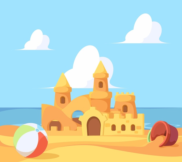 Vector sandcastle on seaside. beautiful summer building from sand near ocean castles and fortress vector cartoon background. illustration sand castle, realistic sandcastle near ocean