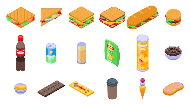 Sandwich bar icons set, isometric style