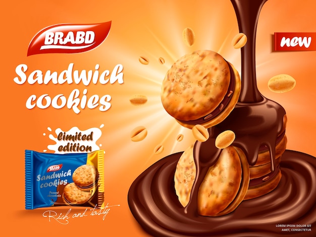 Sandwich chocolate cookies ad, flowing chocolate with cookies and nuts element, biscuit package design