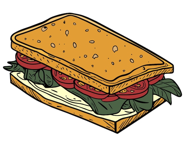 sandwich hand drawn engraving simple color cartoon style vector illustration