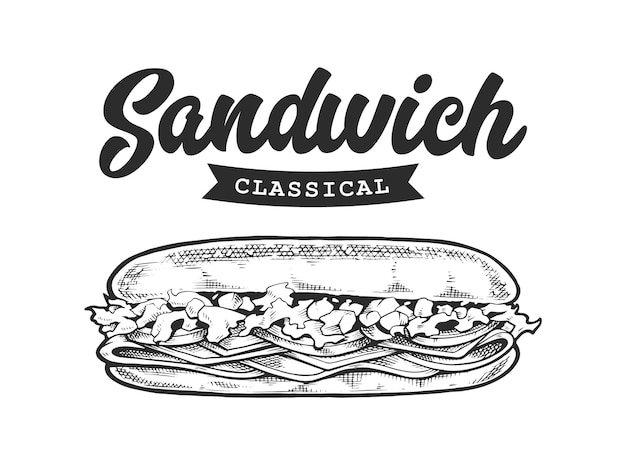 Sandwich Retro Emblem. Logo template with black and white letters and sandwich sketch. 