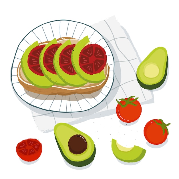 Sandwich with, avocado, tomato top view. Vegetarian food concept. Healthy breakfast