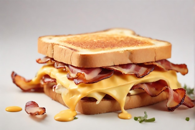 a sandwich with bacon and cheese on a white plate