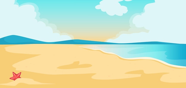 Sandy beach with a starfish ocean and hills in the background Vector illustration