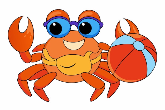 Vector sandy crab crab with beach ball and sunglasses vector illustration for printable graphics design