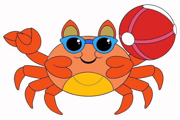 Vector sandy crab crab with beach ball and sunglasses vector illustration for printable graphics design