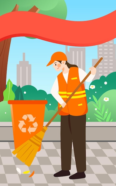 Sanitation worker is cleaning the street with city buildings and plants in the background labor day