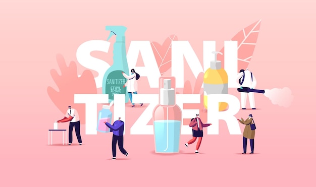 Sanitizer illustration with lettering and Tiny People Characters Wash Hands with Antibacterial Soap