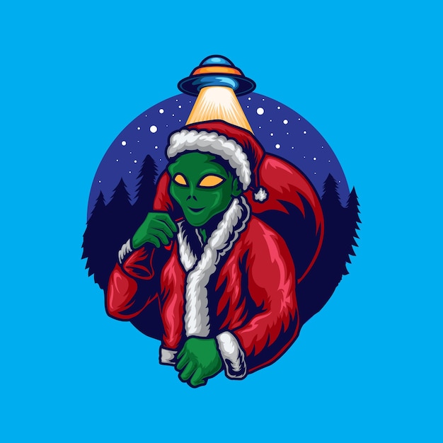 Santa alien brings the gift illustration