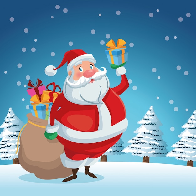 Santa cartoon with gift bag icon