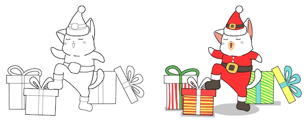 Santa cat and gifts cartoon easily coloring page for kids