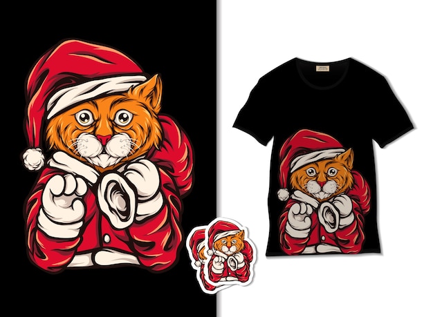 Santa cat illustration with t shirt design, hand drawn