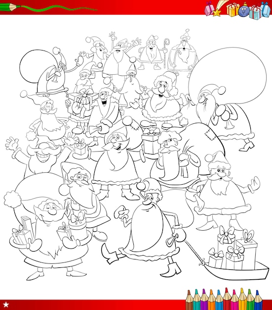 santa characters group coloring page