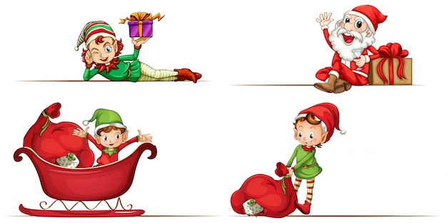 Santa and christmas elves on white background