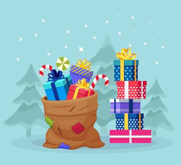 Vector santa claus bag with stack, pile of wrapping gift box. christmas sack full of presents package, sweets.